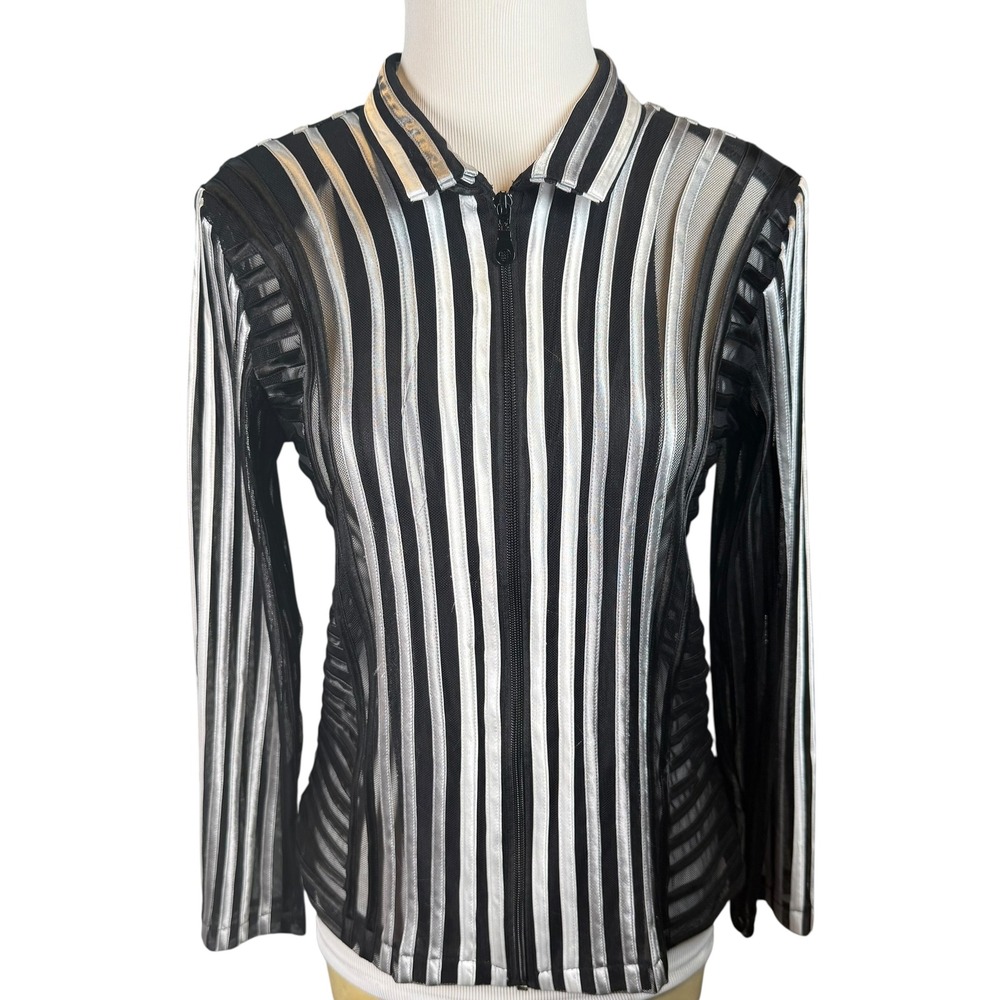 Damee Inc Black White‎ Sheer Stripe Zip Front Mesh Jacket Small